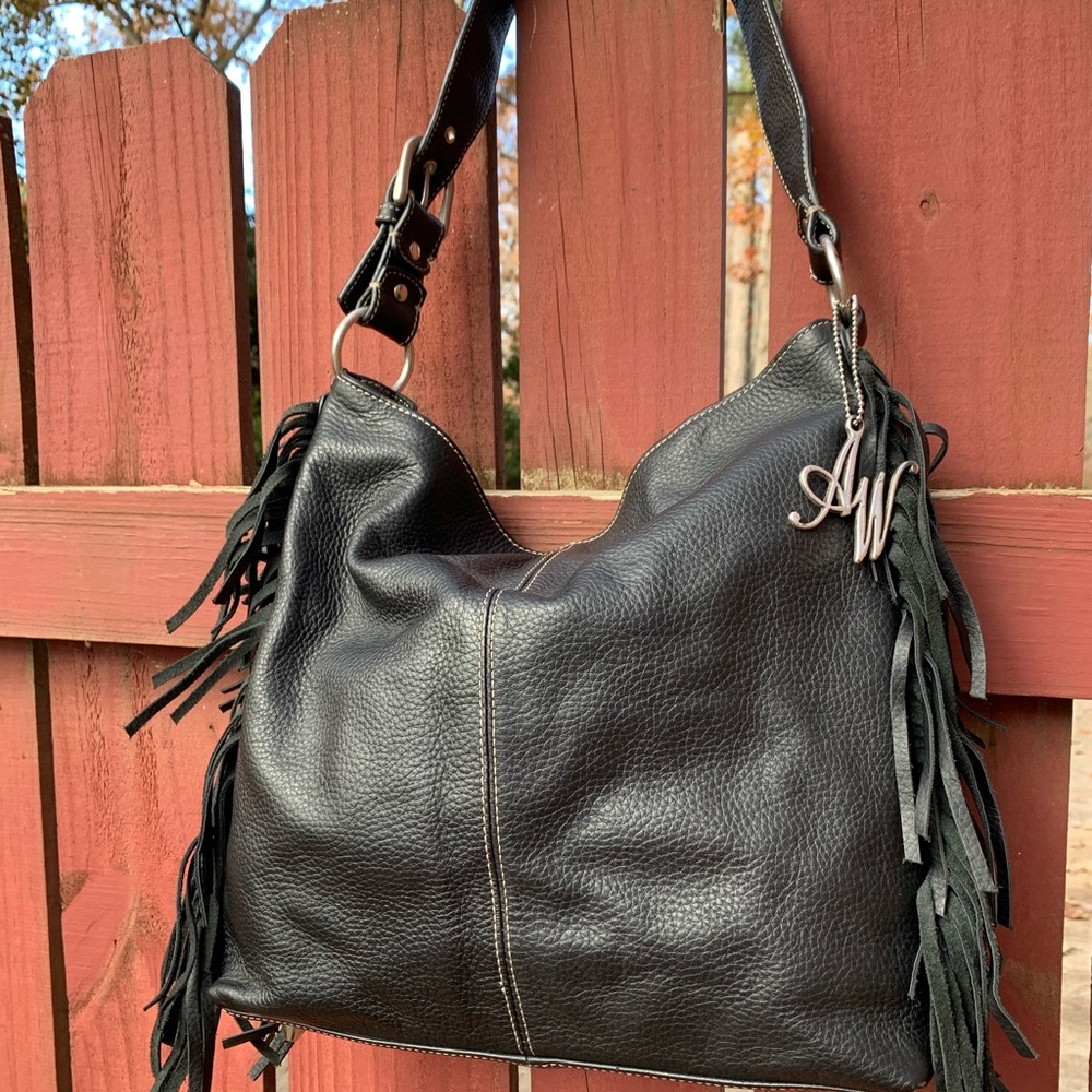 NWOT American West Black Leather Fringe Hobo Bag